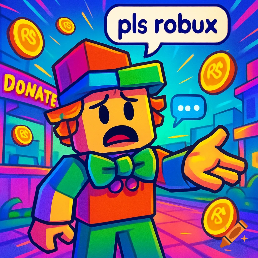 A sad Roblox character asks "pls robux" in a speech bubble, reaching out amidst a vibrant cartoon city with "DONATE" and falling coins.