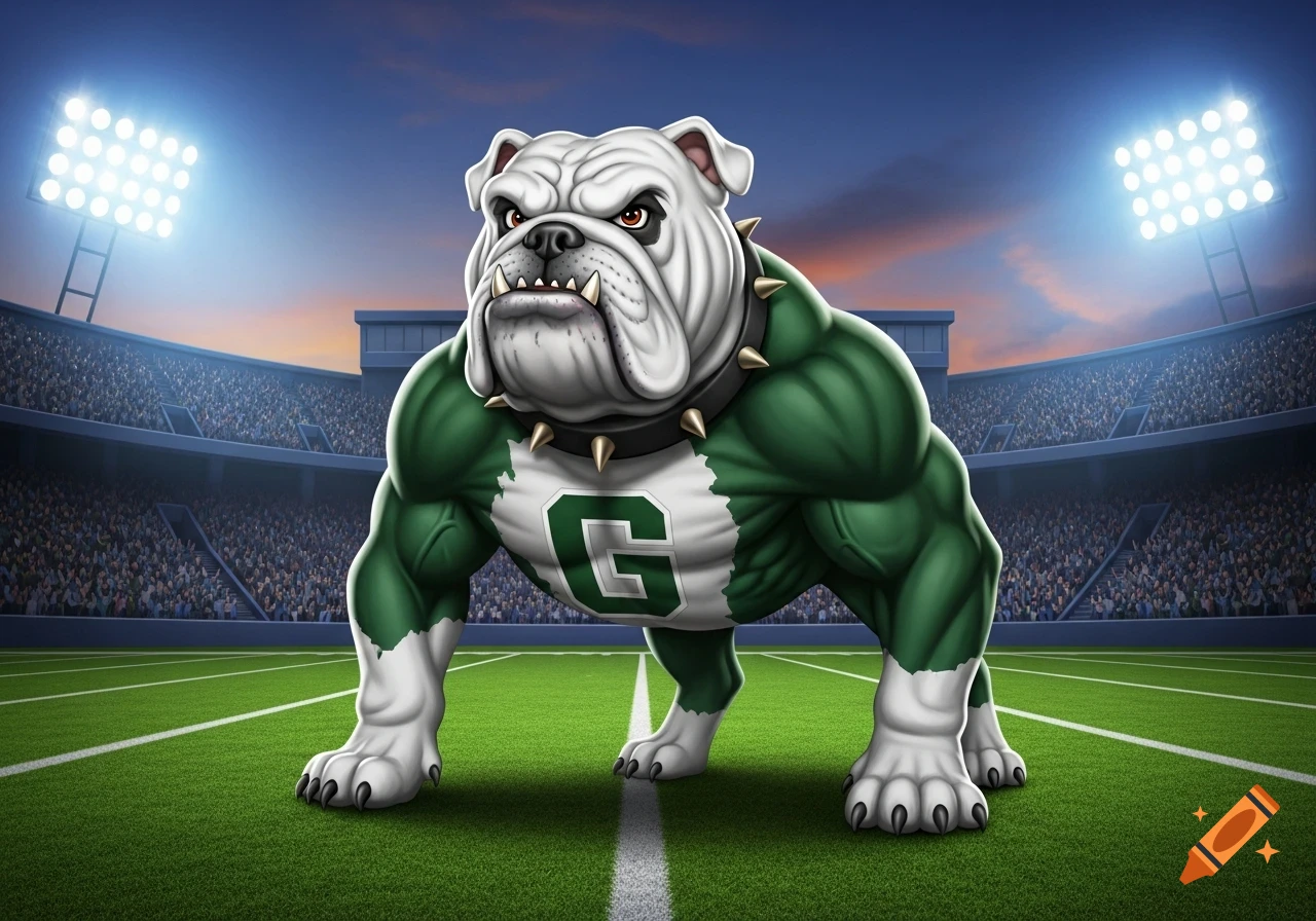 Cartoon muscular bulldog mascot in a green and white uniform with a 'G' and spiked collar, on a football field in a stadium.
