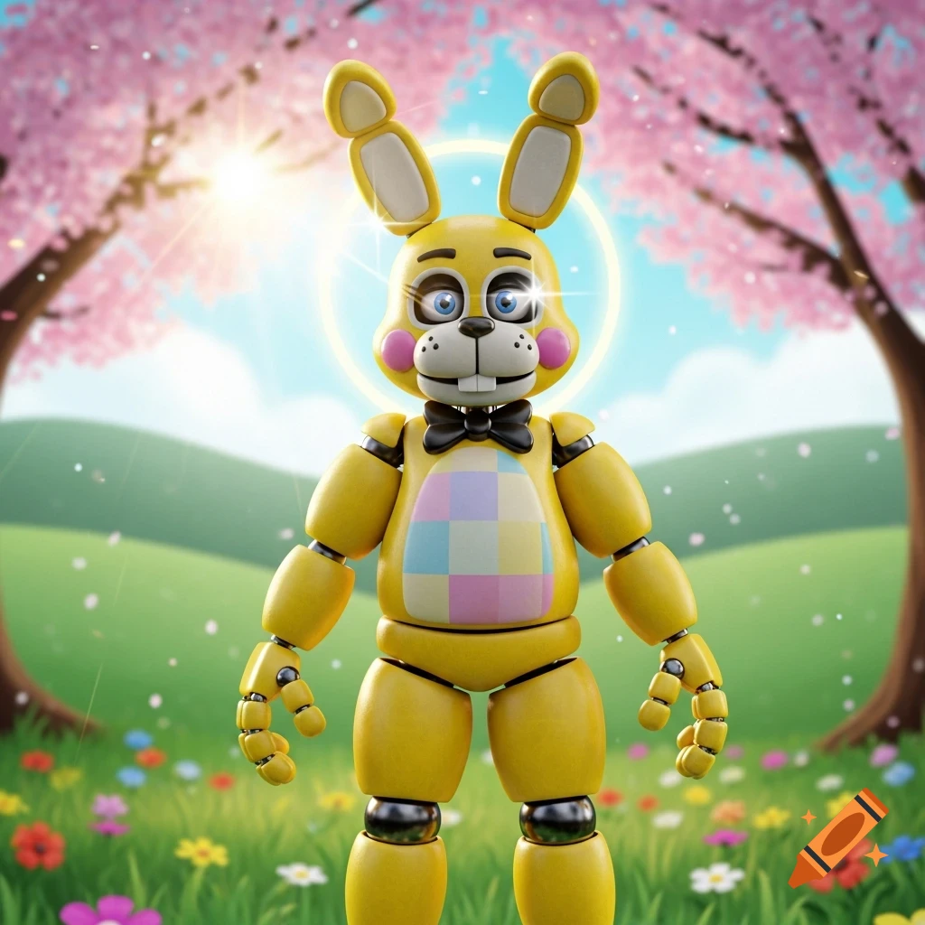 A bright yellow animatronic Spring Bonnie character with an Easter egg belly and bow tie stands in a sunny spring field with cherry blossom trees and flowers.