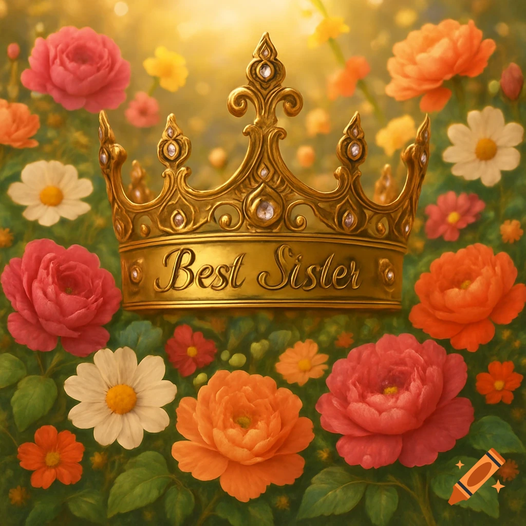 A golden crown engraved with "Best Sister" nestled among vibrant pink, orange, and white flowers with a sunny, blurred background.