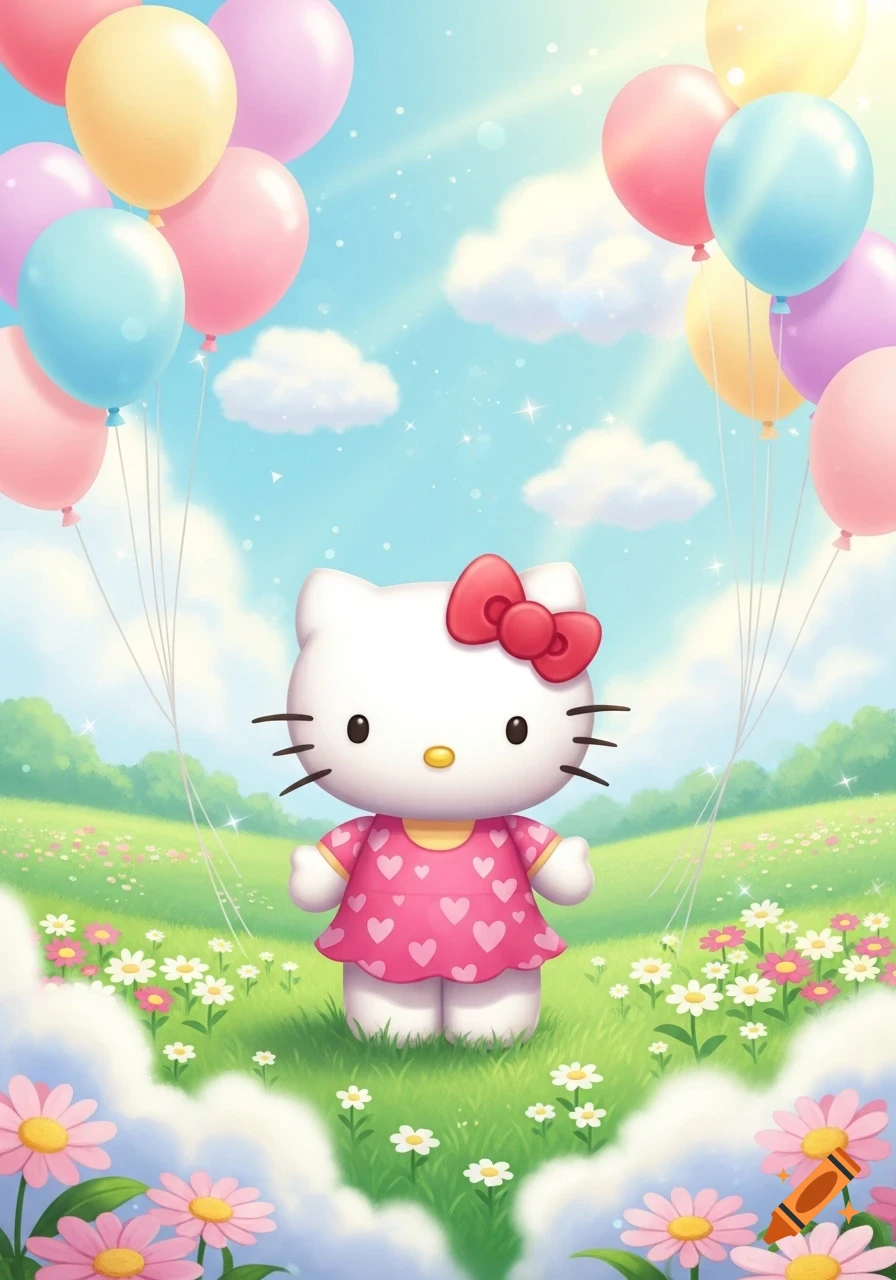 Hello Kitty in a pink heart dress stands in a vibrant field with flowers under a blue sky, surrounded by pastel balloons, in a cute cartoon style.