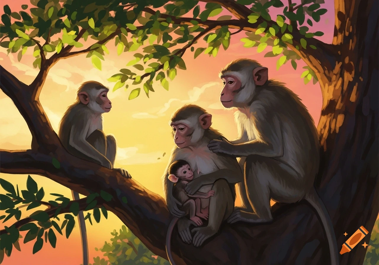 A monkey family, including a mother holding a baby, sits in a leafy tree at sunset, with a vibrant orange and yellow sky.