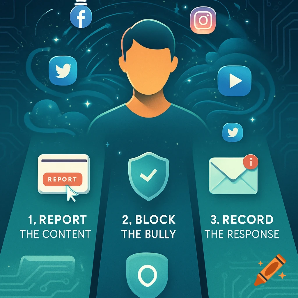 Stylized illustration showing a person surrounded by social media logos, with steps to report cyberbullying.
