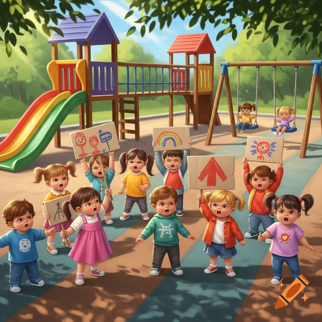 Cartoon illustration of angry toddlers protesting in a colorful playground, holding up signs with drawings and scribbles, while two other toddlers swing in the background.