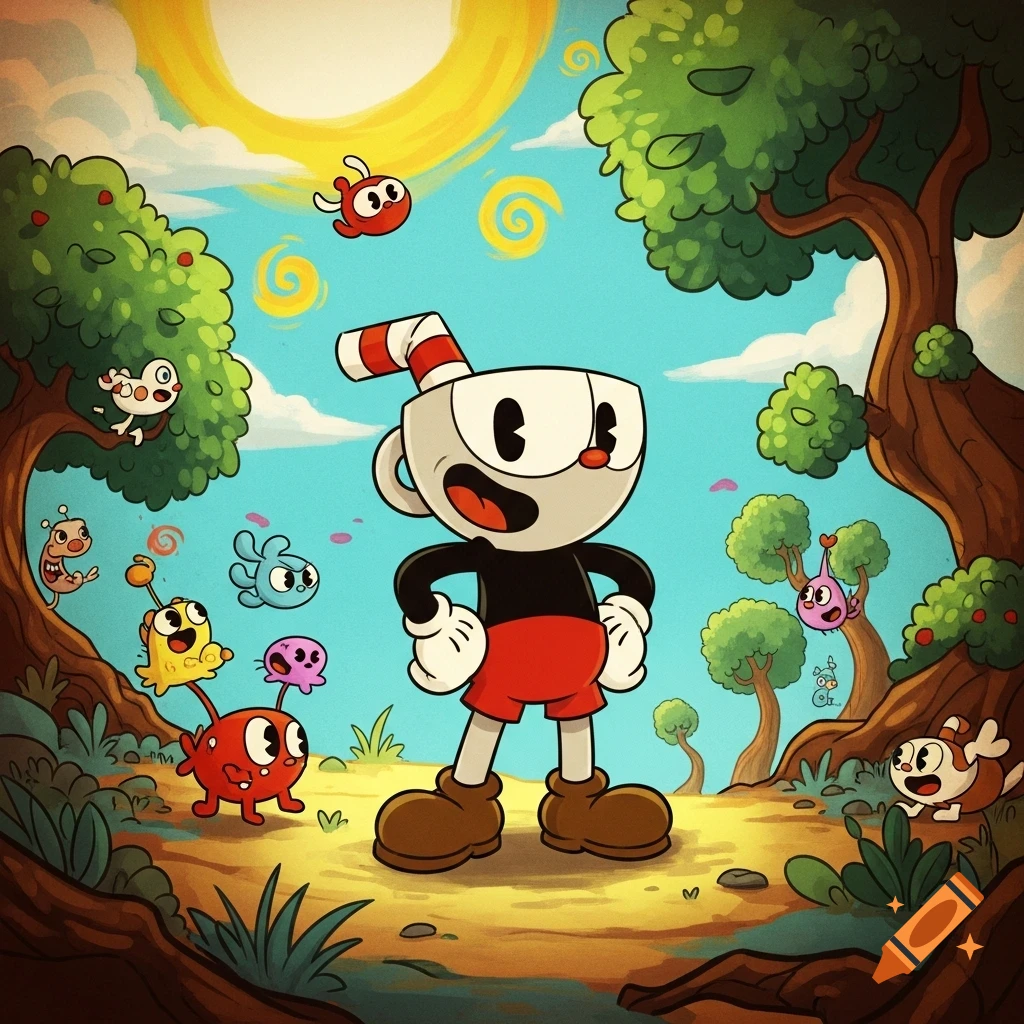Cuphead character standing in a vibrant cartoon forest surrounded by colorful fantasy creatures under a bright sun.