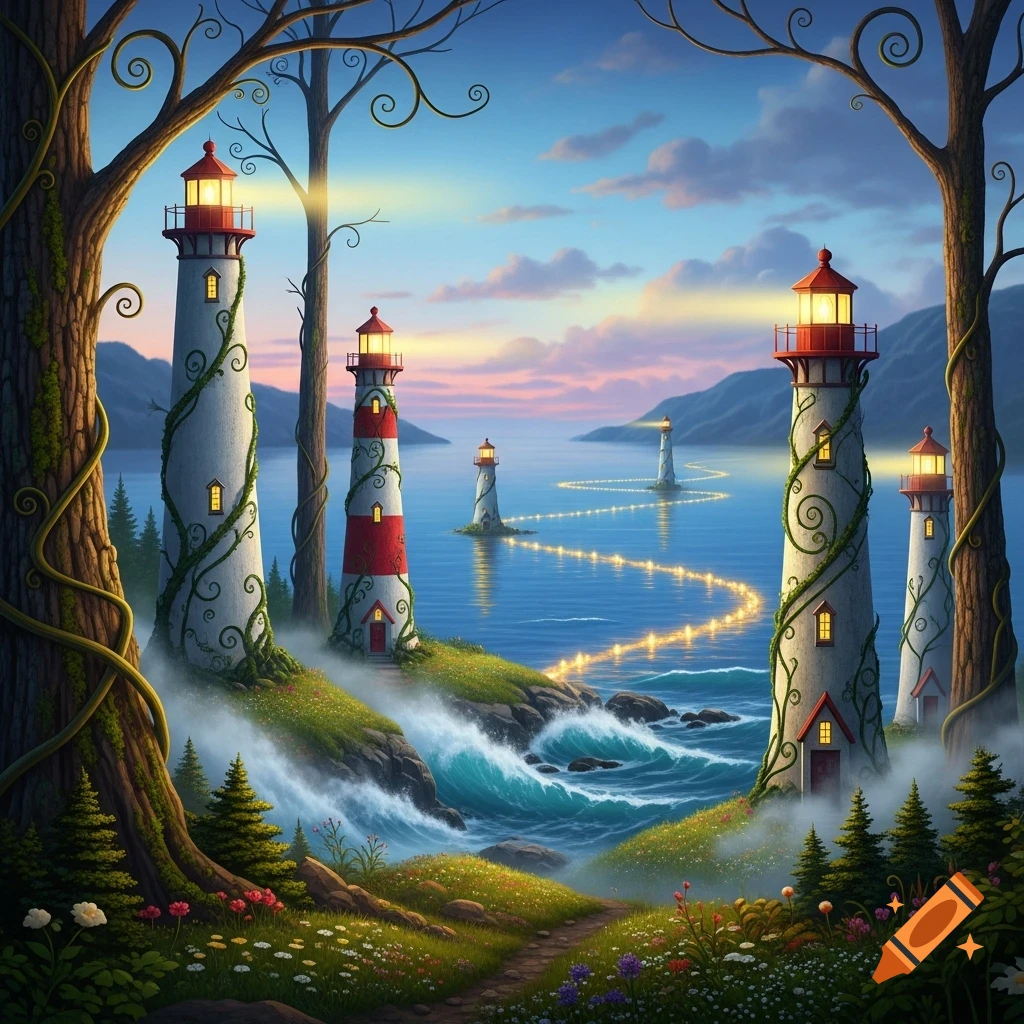 Whimsical coastal landscape with multiple lighthouses, glowing path on the water, lush hills, and large trees framing a sunset sky.