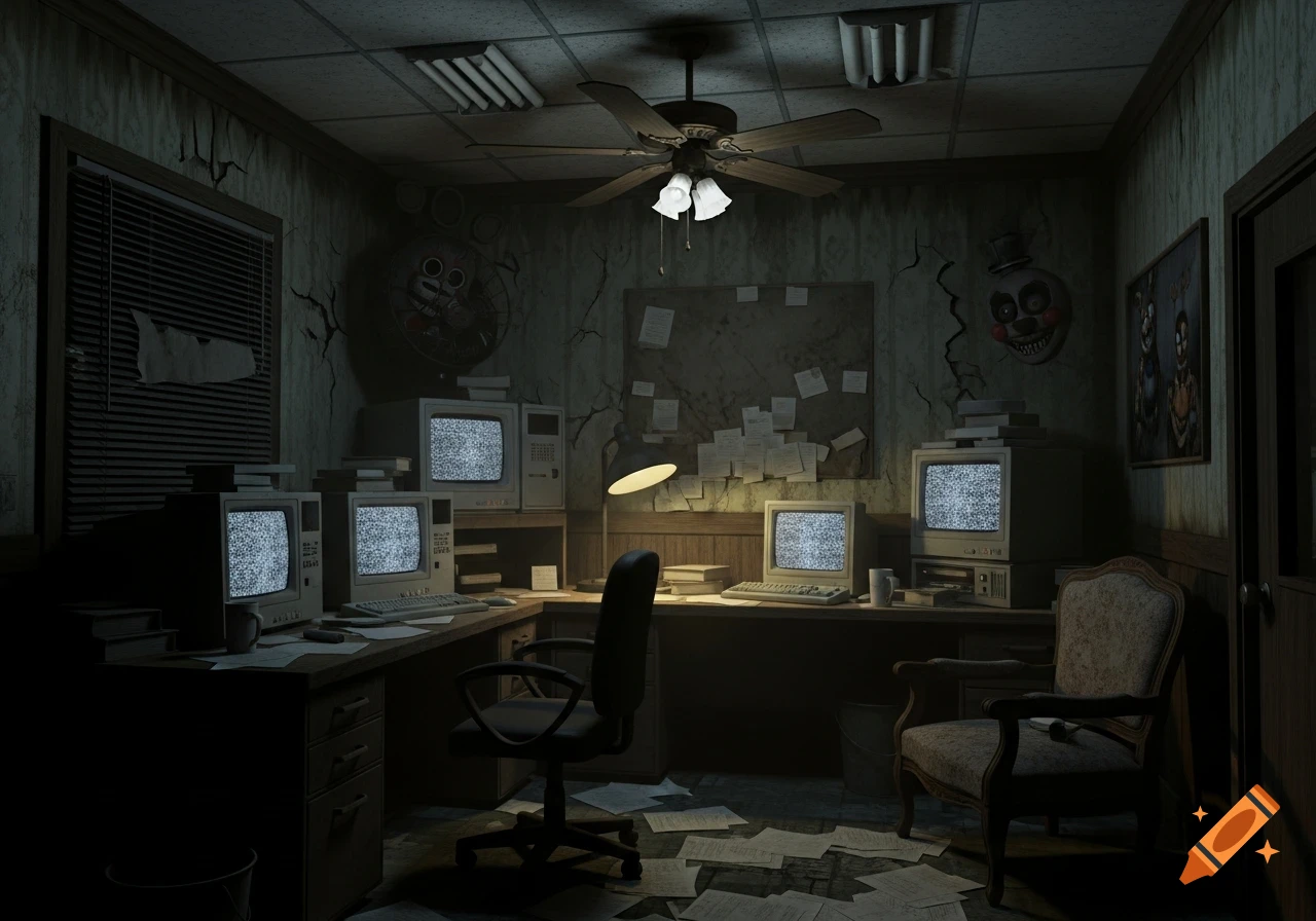 A dark, creepy office with static-filled CRT monitors, scattered papers, a desk, and unsettling animatronic faces on the walls in a realistic style.