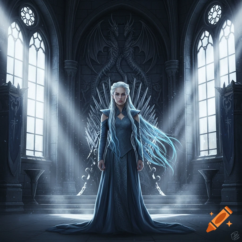 A fantasy illustration of a woman with long blue hair in a dark gown, standing in a grand gothic hall with a sword throne and dragon motifs.