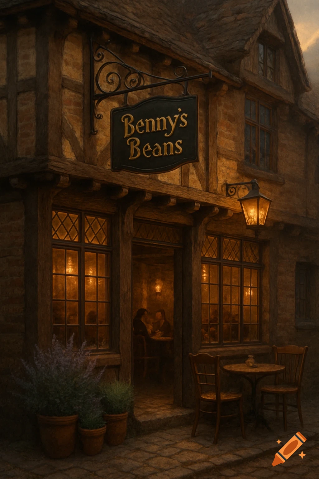 A cozy, old English-style coffee shop named 'Benny's Beans' with warm lights, outside seating, and half-timbered walls at dusk.