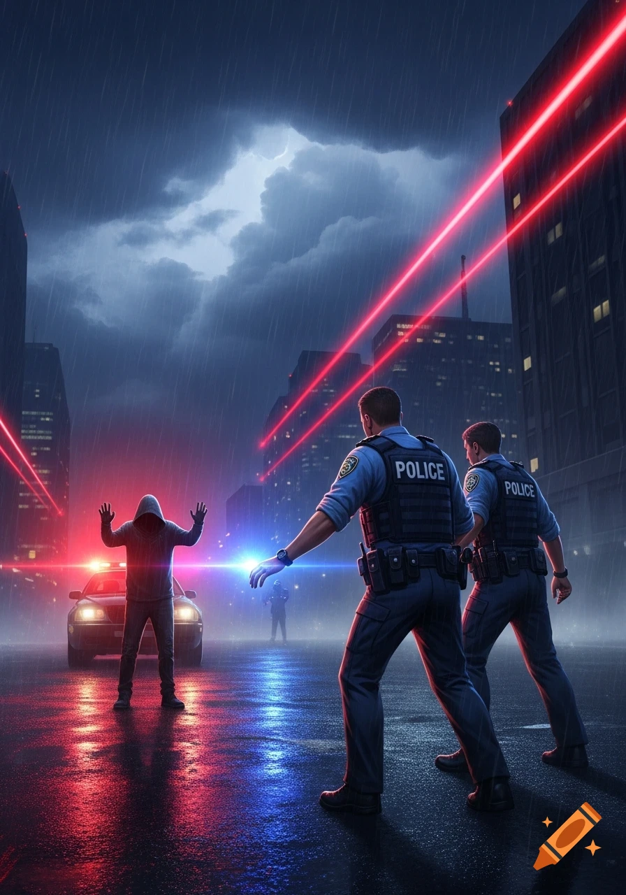 Two police officers face a hooded suspect in a rainy city street at night, illuminated by red and blue lights from a police car.