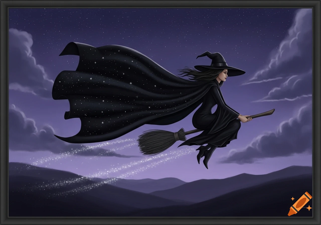 A witch in a black cape and hat flies on a broomstick across a starry night sky over dark mountains, leaving a trail of sparkles.