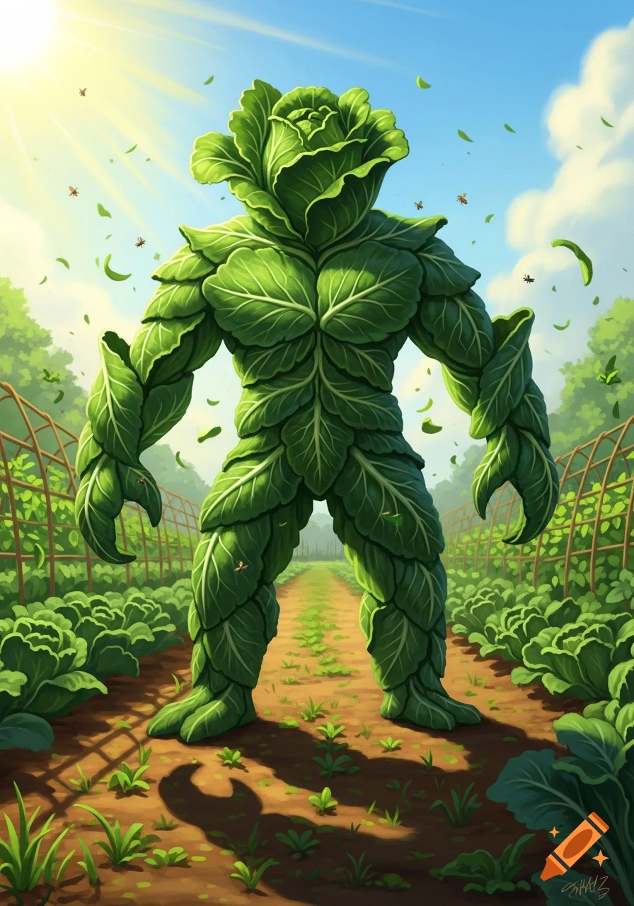 A muscular monster made of collard greens stands in a sunny garden path, surrounded by rows of vegetables under a blue sky.