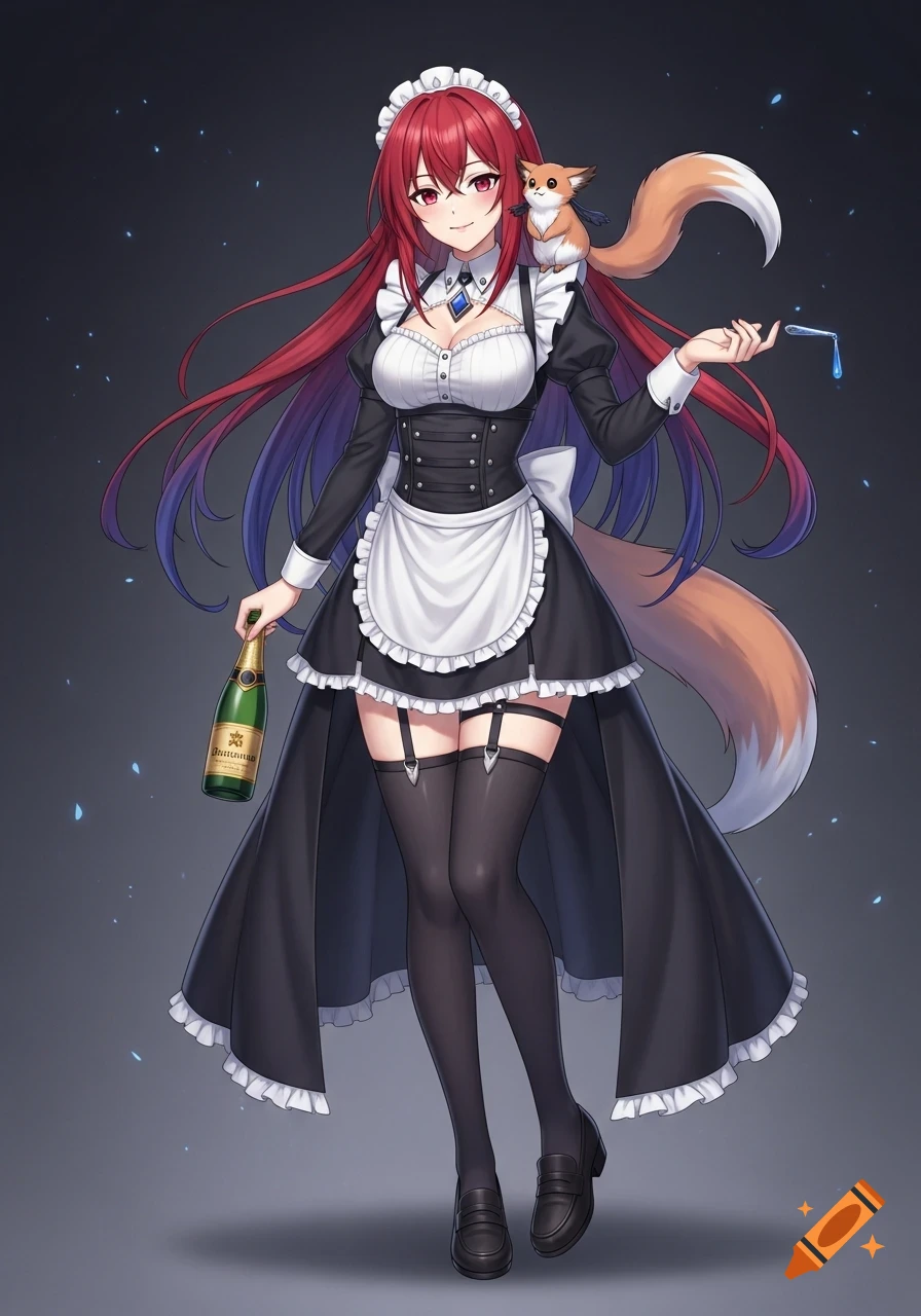 Anime fox-girl maid with long red and blue hair, holding a champagne bottle, with a small fox on her shoulder.
