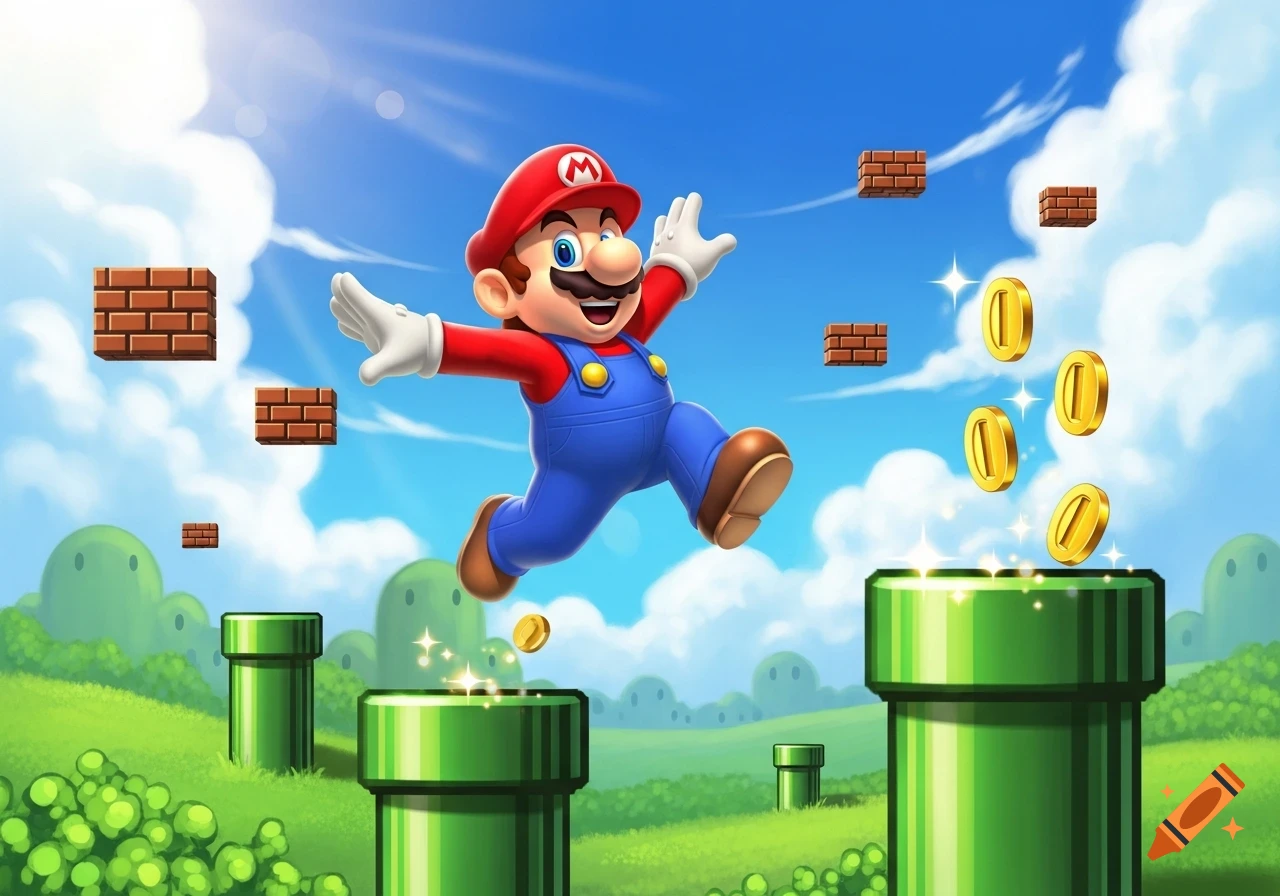 Super Mario jumps in a vibrant landscape with green pipes, floating bricks, and gold coins under a bright blue sky.