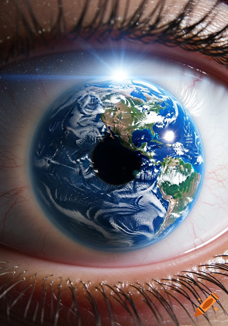 Close-up of a human eye with Earth as the iris and pupil, featuring a bright starburst above the planet, against a starry sky.