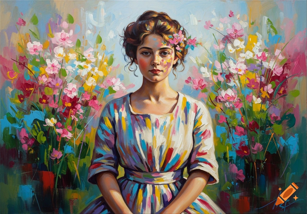 Impressionistic painting of a young woman in a colorful, brushstroke-patterned dress, surrounded by vibrant flowers.