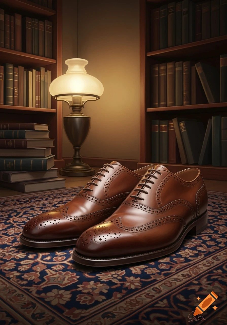 A pair of polished brown leather wingtip shoes on a patterned rug in a dimly lit library, with a glowing lamp and bookshelves.