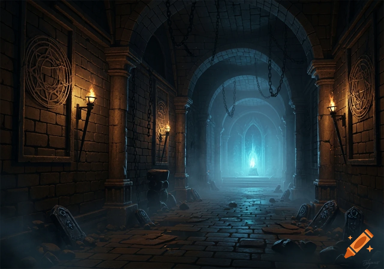 A dark, torch-lit fantasy dungeon hallway with stone walls, arches, chains, and a glowing blue light at the far end.