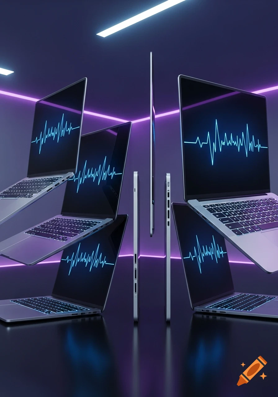 Multiple silver laptops with blue waveforms on their screens are arranged symmetrically in a dark room with purple neon lights.