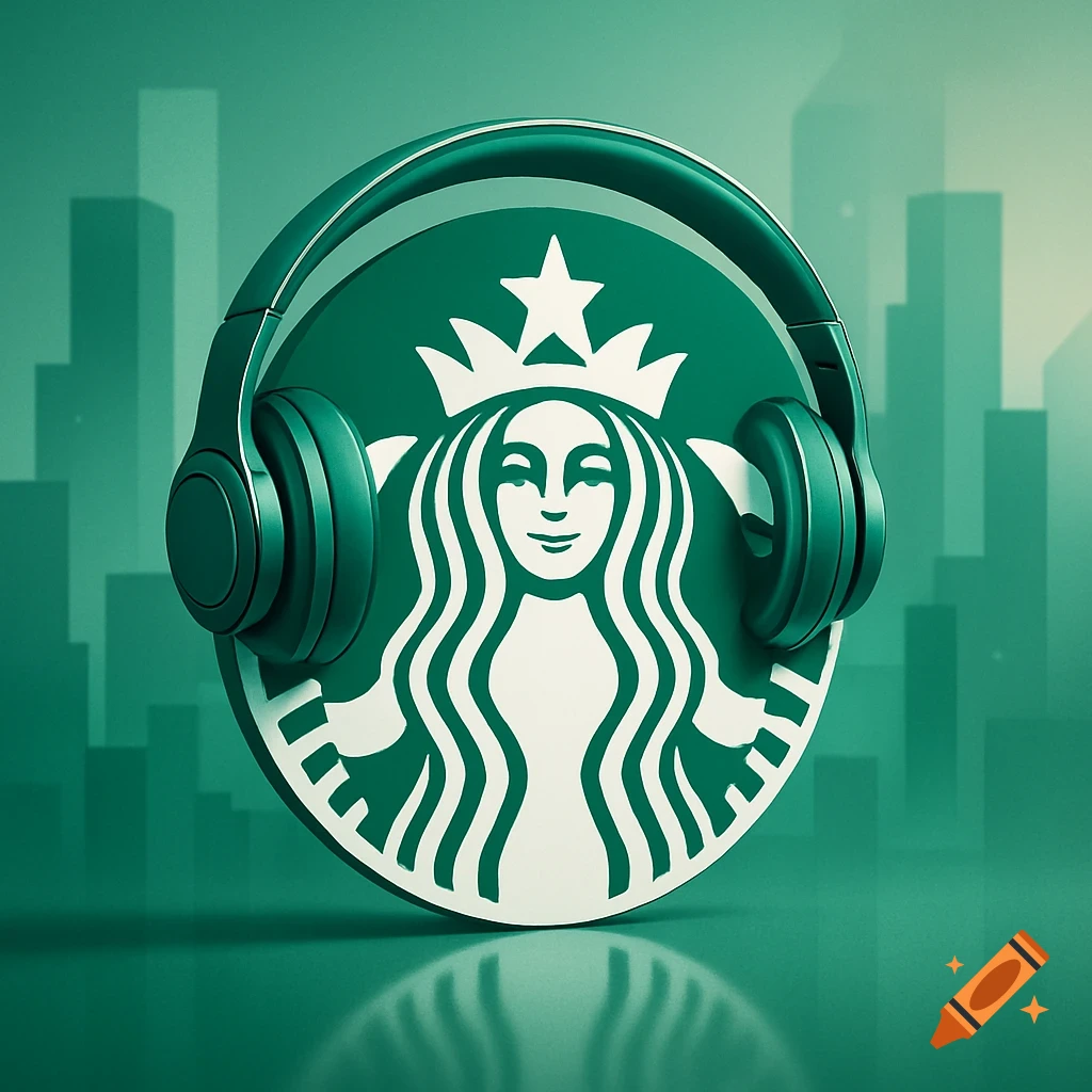 3D render of the green and white Starbucks siren logo wearing green headphones, set against a blurred green city skyline.