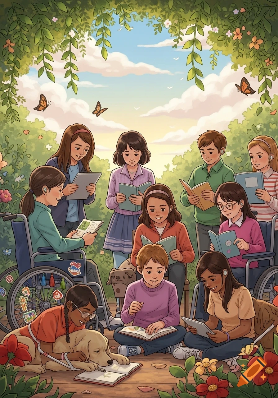 An illustration of diverse children with disabilities reading outdoors among trees and flowers under a sunny sky.