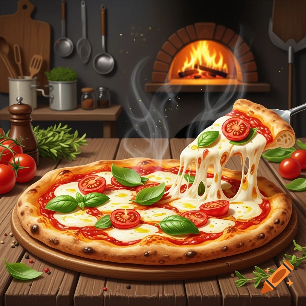 A photorealistic image of a fresh pizza with melting cheese, tomatoes, and basil on a wooden board, with a slice being lifted. A pizza oven with fire is in the background.