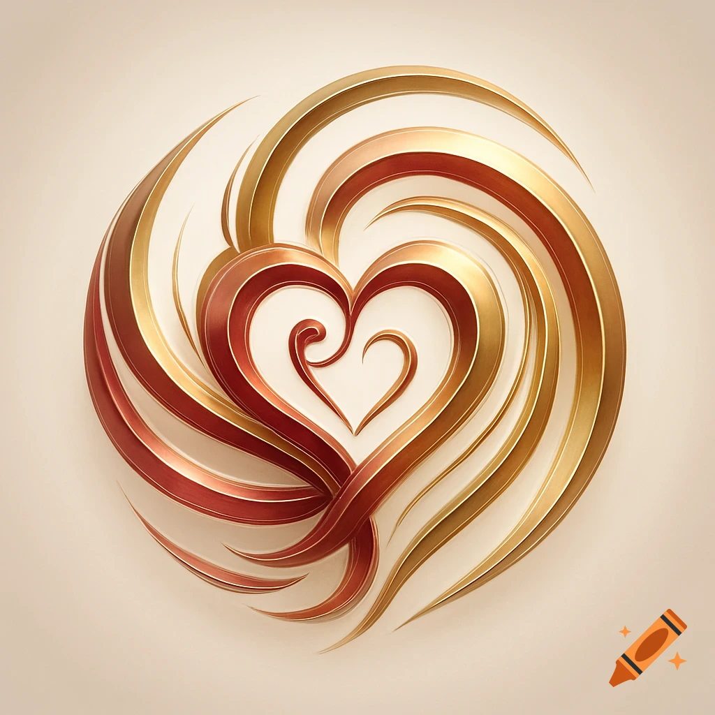 A stylized logo with a red and gold twisted swirl forming a heart in the center, on a cream background.