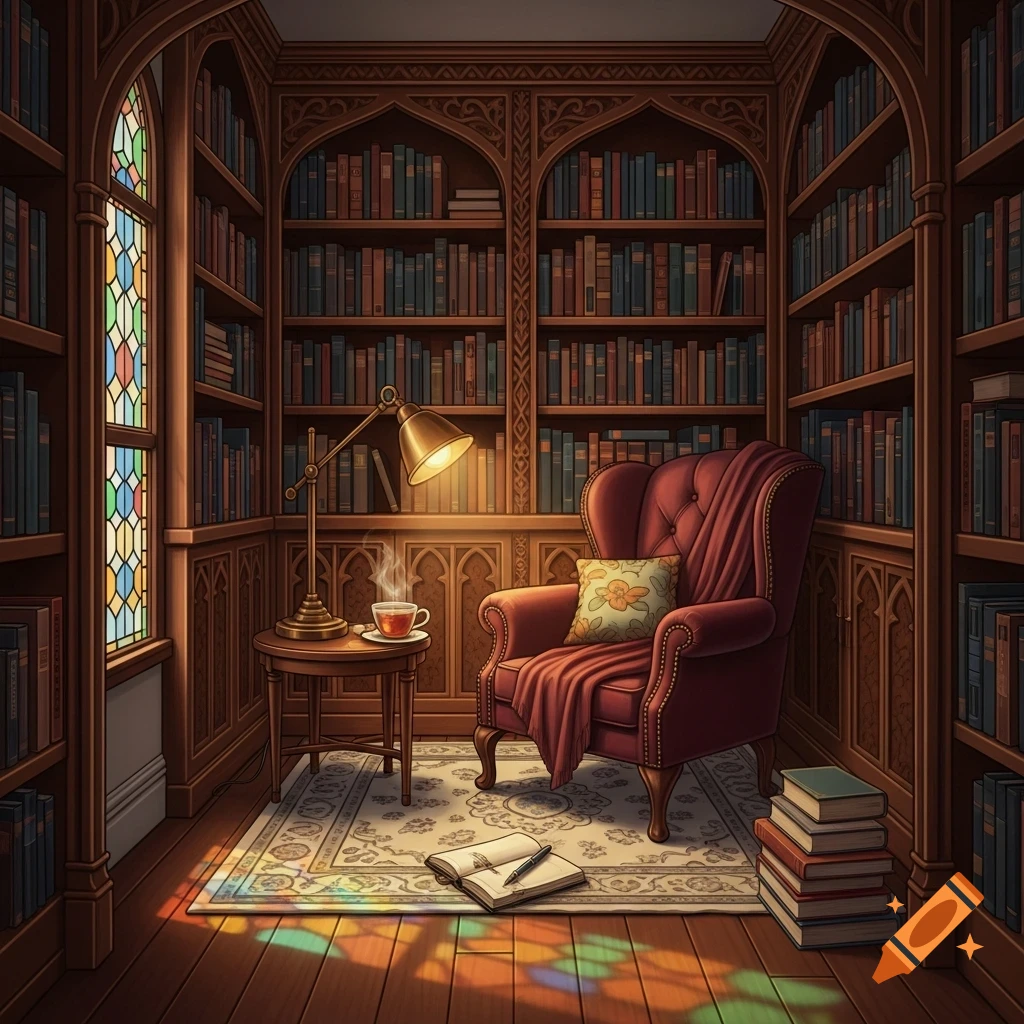 A cozy reading nook with a red armchair, a lit floor lamp, a side table with a teacup, and floor-to-ceiling bookshelves. Sunlight from a stained glass window casts colorful light on the rug.