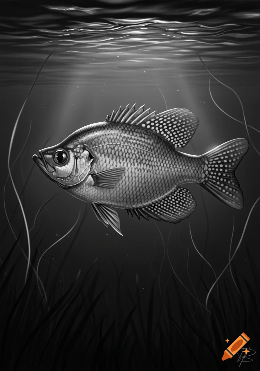 Detailed black and white illustration of a crappie fish swimming underwater with light rays and plants.