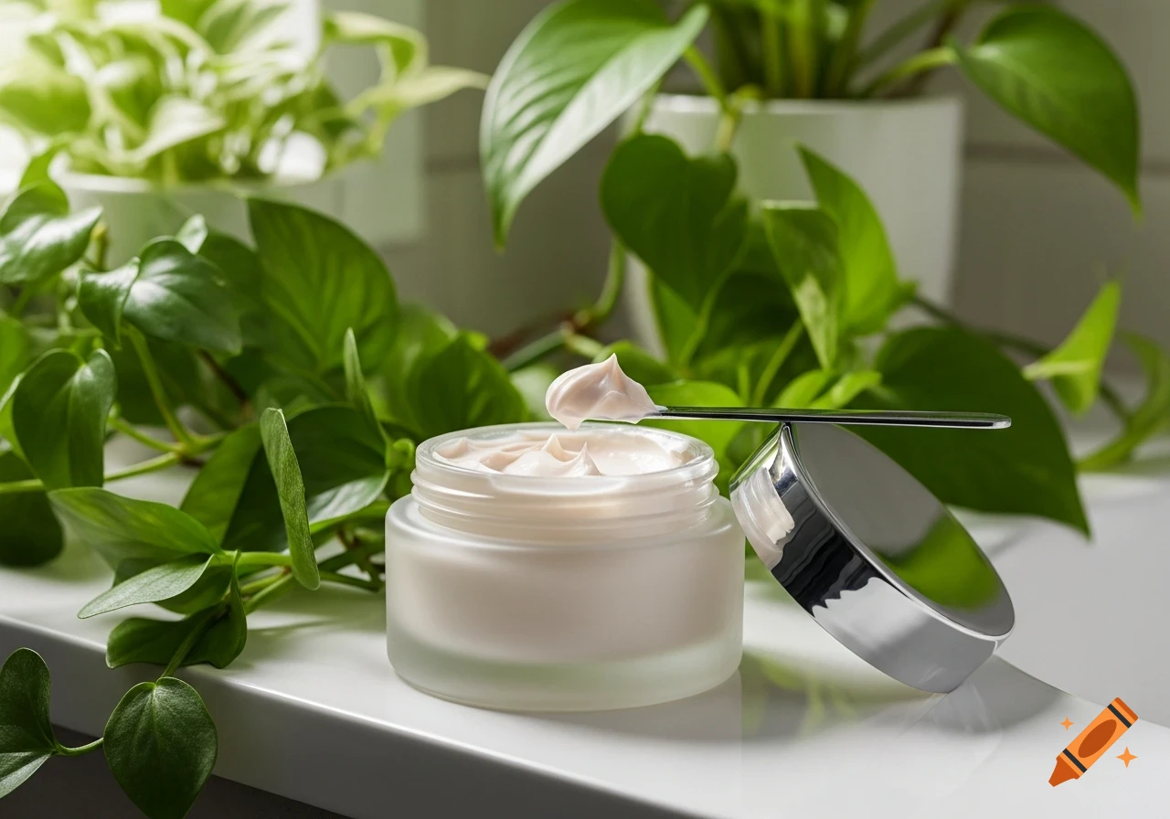 An open frosted glass jar of creamy face mask with a spatula holding a dollop of cream, surrounded by lush green house plants.
