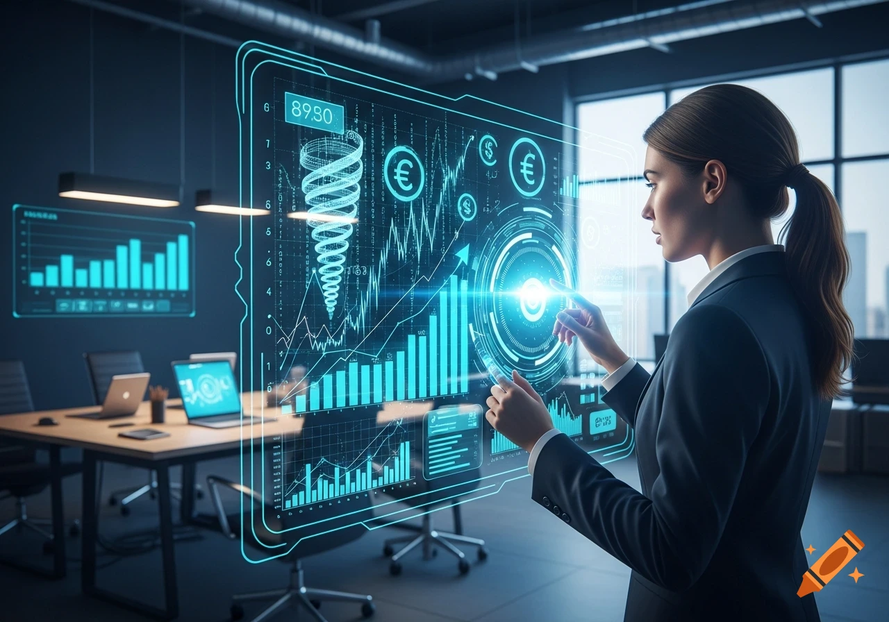 A businesswoman interacts with a large, glowing blue holographic display showing financial graphs, currency symbols, and data in an office.
