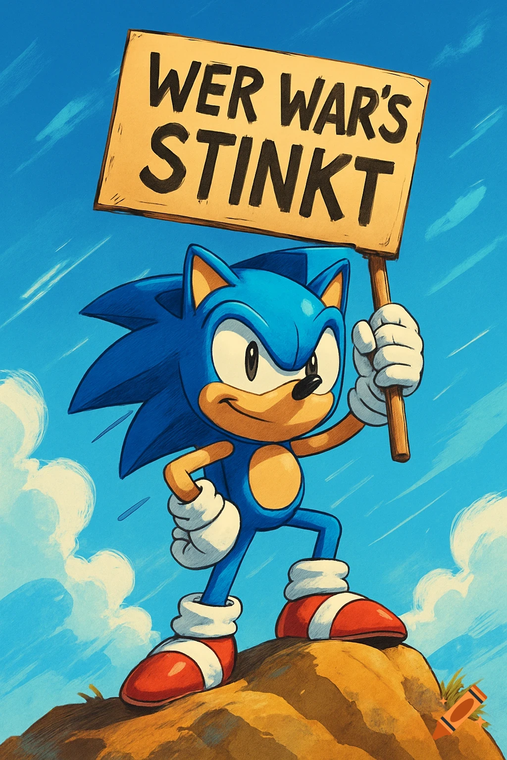 Sonic the Hedgehog stands on a hill under a blue sky, holding a sign that reads "WER WAR'S STINKT" in a comic art style.