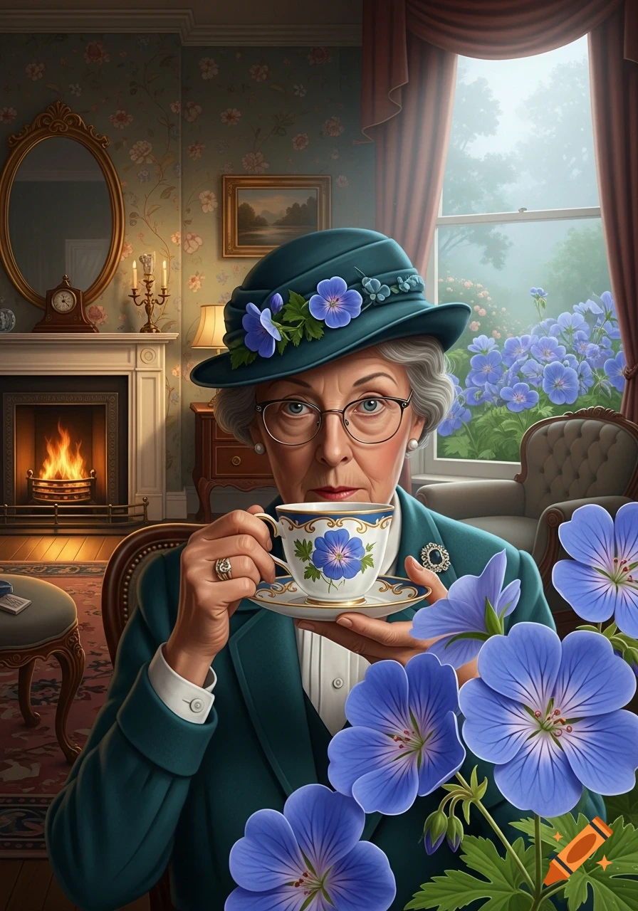 A detailed portrait of an elderly woman in a blue hat with blue flowers, holding a teacup and saucer in a traditional, cozy room with a fireplace.