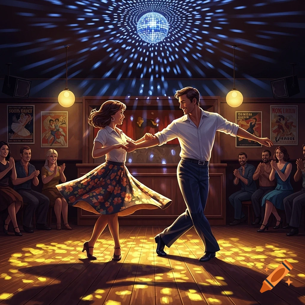 An illustrated couple dances under a disco ball in a lively hall, with spectators clapping in the background.