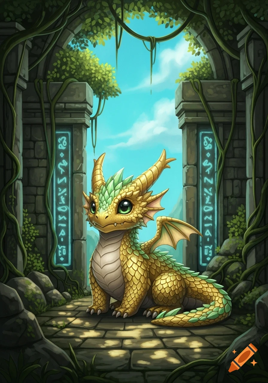 Cute stylized golden and green baby dragon in ancient, overgrown ruins with glowing symbols on pillars.