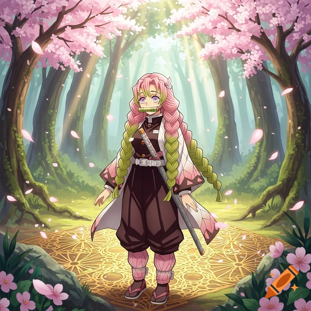 Anime girl Mitsuri Kanroji stands in a sun-dappled cherry blossom forest with a glowing golden path.