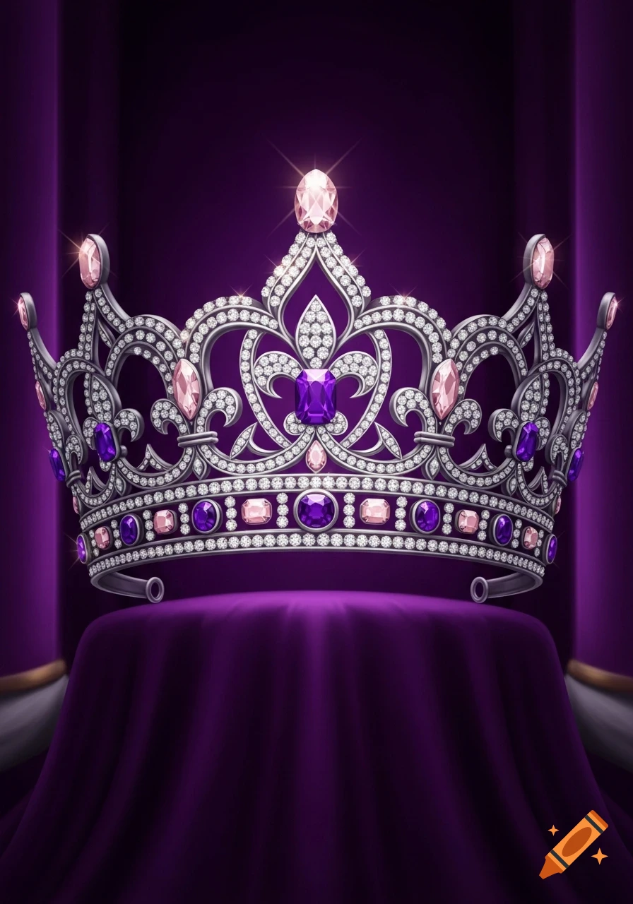 A jeweled silver royal crown adorned with purple and pink gems, displayed on a purple velvet stand.