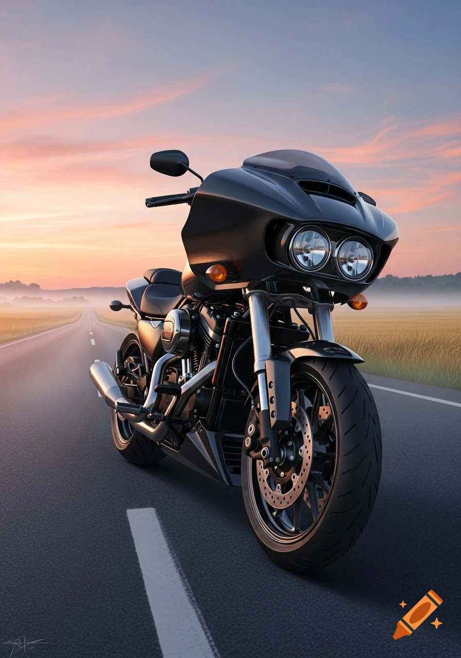 A dark, modern motorcycle stands on an empty road with a white line, set against a vibrant sunset sky over a misty field.