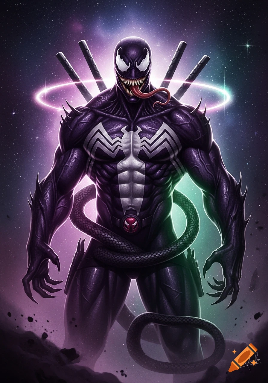 A muscular, dark purple and white Venom with katanas, a snake-like tail, and glowing aura stands against a vibrant galaxy background.