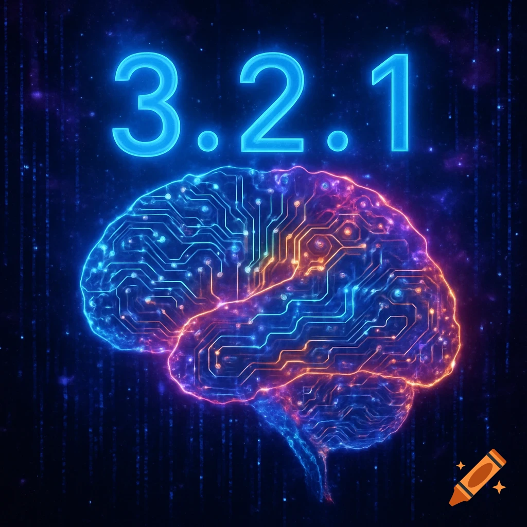 A glowing, circuit-patterned human brain in neon blue and orange against a dark, starry background, with blue numbers 3.2.1 floating above.