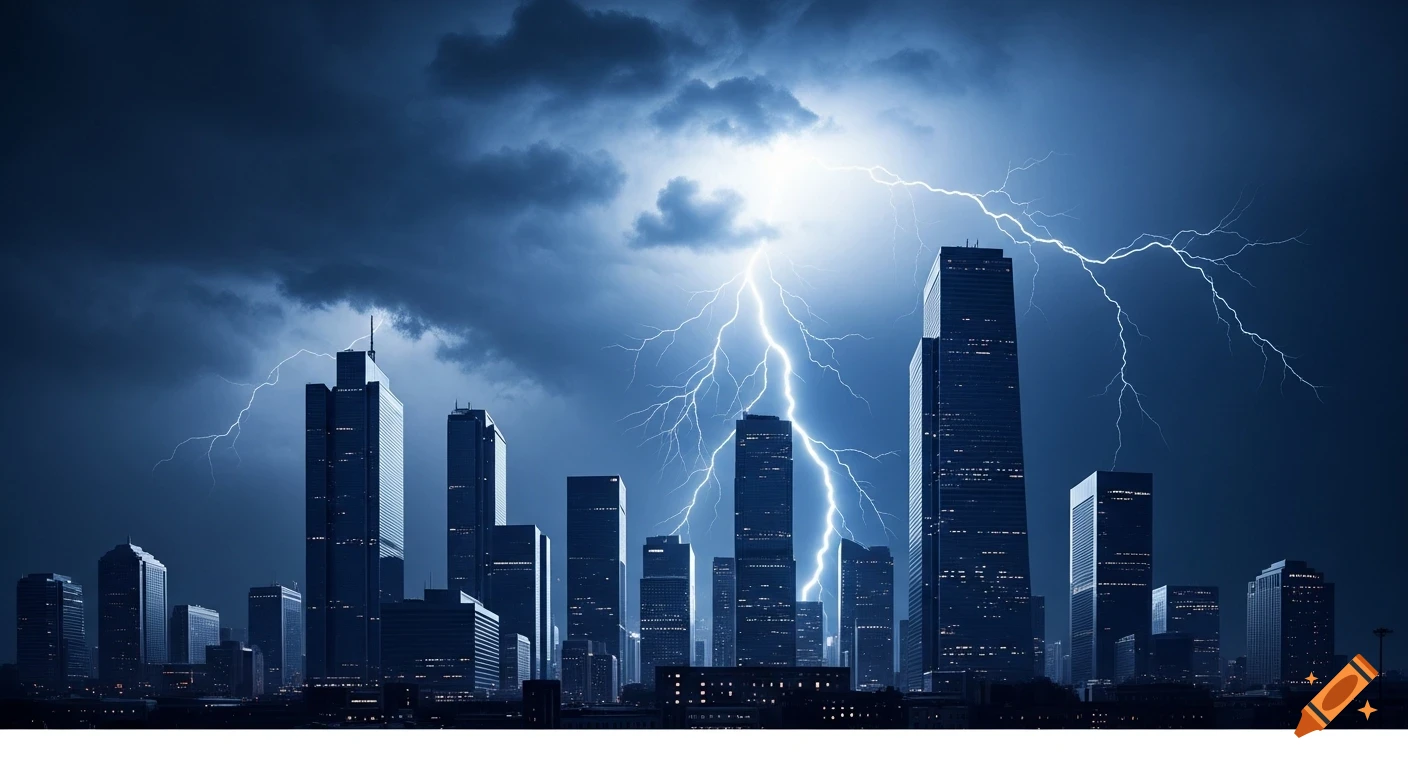 Dramatic lightning bolt illuminates a dark city skyline under stormy clouds, photorealistic.