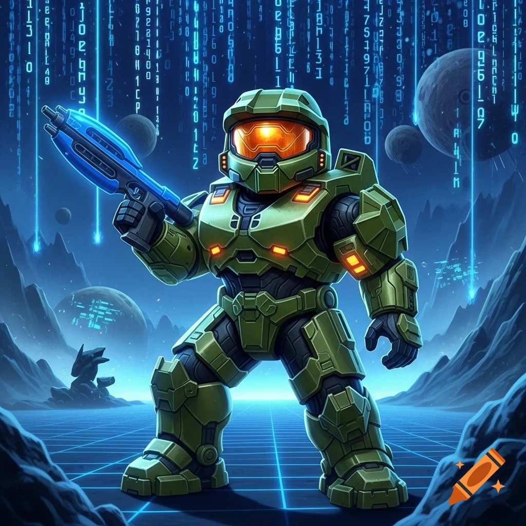Chibi Master Chief in green armor holds a blue gun in a digital sci-fi landscape with falling code and planets.