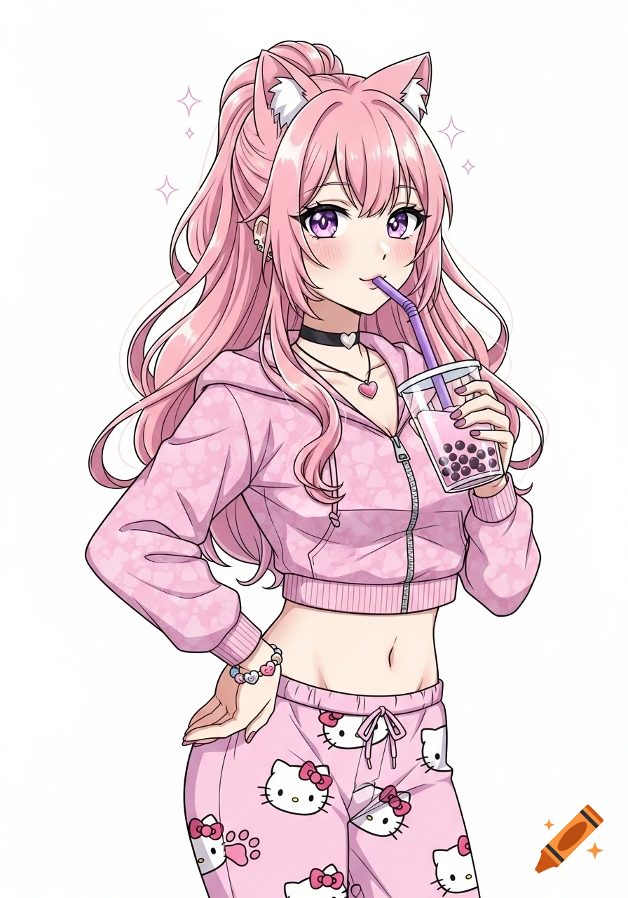 Anime girl with pink hair and cat ears, wearing a pink cropped hoodie and Hello Kitty pajamas, sipping bubble tea.
