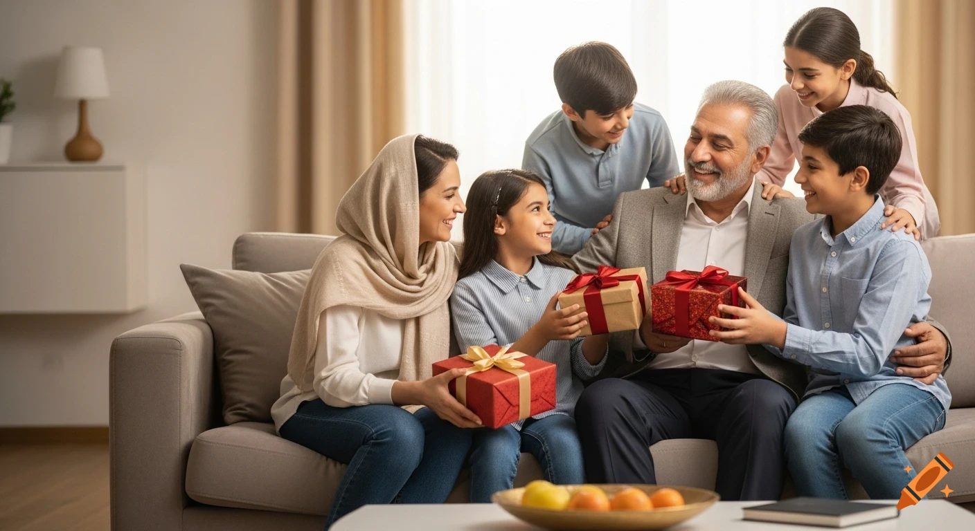 A happy Iranian family in a modern living room, with children and wife giving gift boxes to the smiling patriarch on the sofa. Photorealistic style.