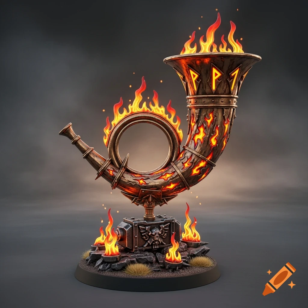 A detailed miniature of a fiery hunting horn with glowing runes, mounted on a rock-strewn Warhammer base.