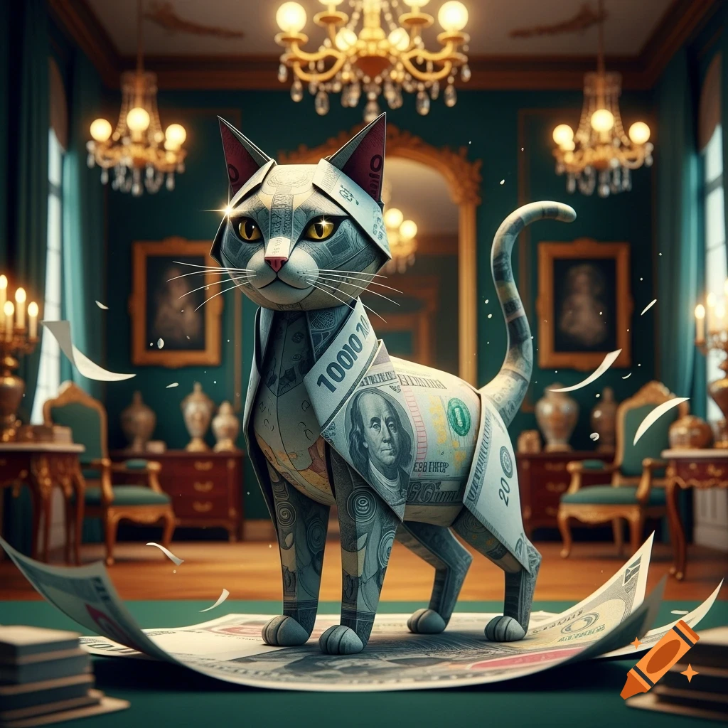A stylized cat, seemingly made of US banknotes, stands on a large bill in a opulent, chandelier-lit room with dark green walls.