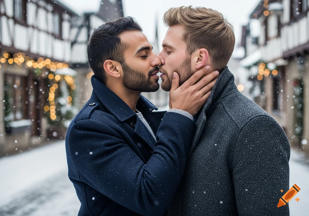Two men, one dark-haired, one blond, wearing winter coats, tenderly kiss while snow falls in a charming village street with festive lights.