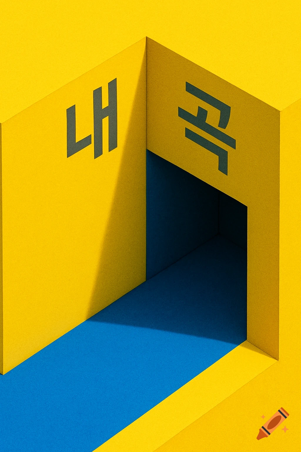 Minimalist geometric corridor with yellow walls and a blue floor. Korean characters '내' and '곡' are on the walls.