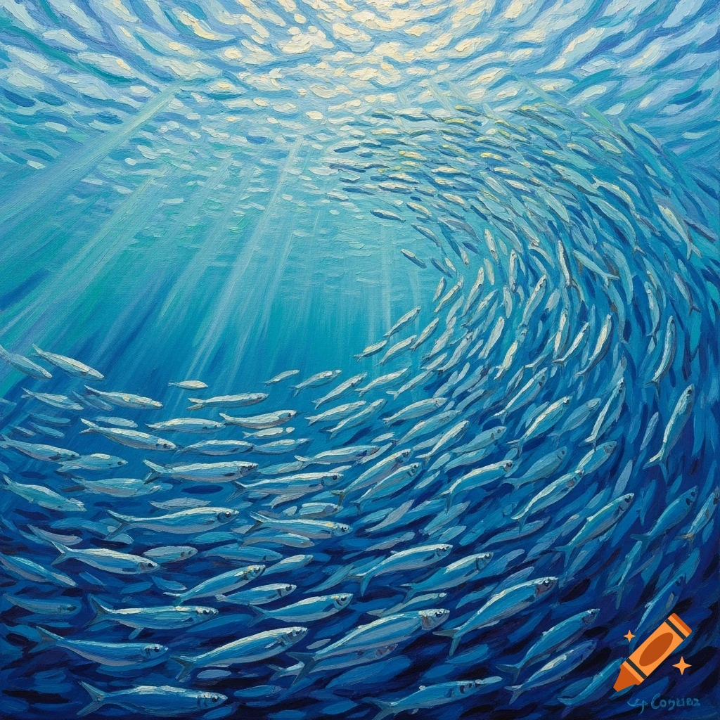 Oil painting of a large shoal of sardines swimming in a swirling formation underwater with sun rays shining through the surface.
