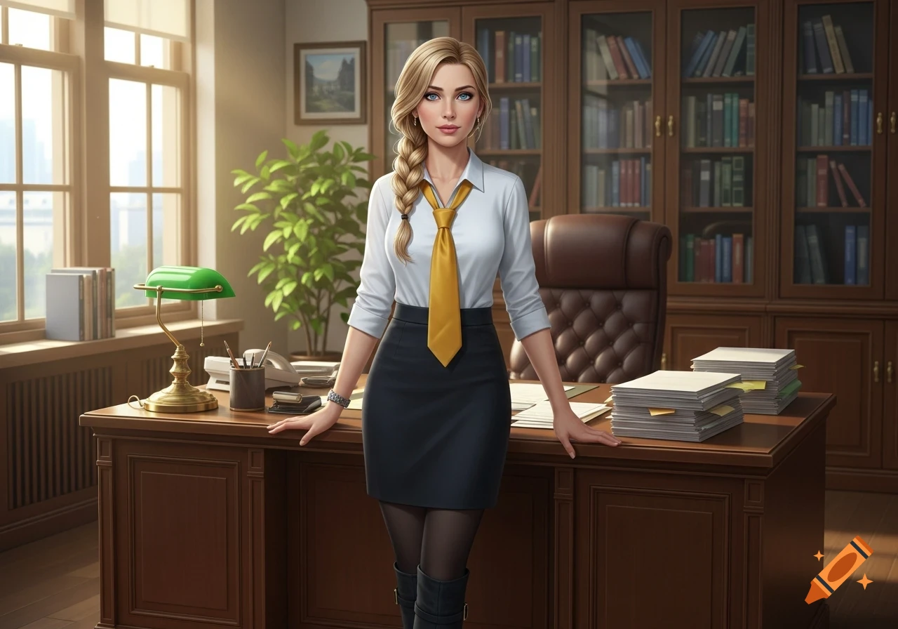 A blonde woman with a braid, wearing a yellow tie, white shirt, black skirt, tights, and boots, stands behind a desk in a realistic office.